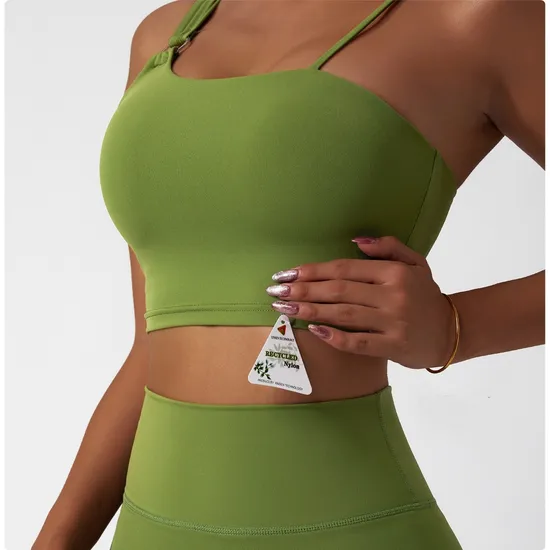 Custom Logo Recyclable Fabric Irregular Shoulder Straps Push up Fitness Tops Sustainable Yoga Sexi Sport Bras 