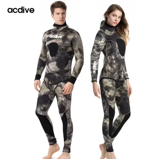 Professional 2 Pieces Men Customized Camo Pattern 5mm Neoprene Scuba Diving Hunting Fishing Hoodie Wetsuit 