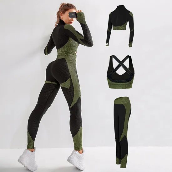 Wholesale 3 Piece Sportswear Long Sleeve Crop Top Pant Yoga Set 