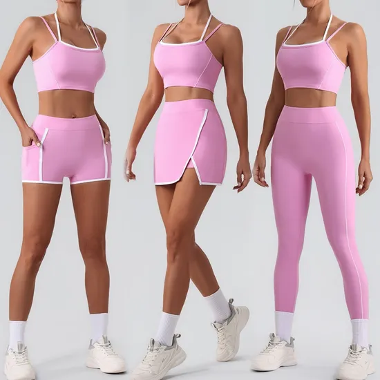 New Fashion 4PCS Cute Workout Sets Gym Tennis Wear for Women, Tank Top Matching High Waist Booty Lifting Shorts + Yoga Leggings + Active Skirts Outfits 